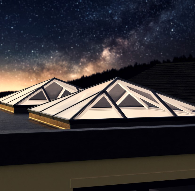Illuminated roof lanterns at night