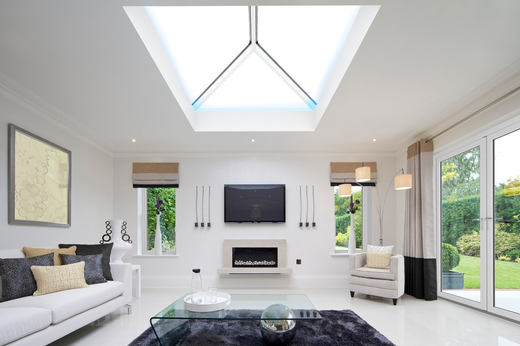 Bright glazed extension interior with a roof lantern